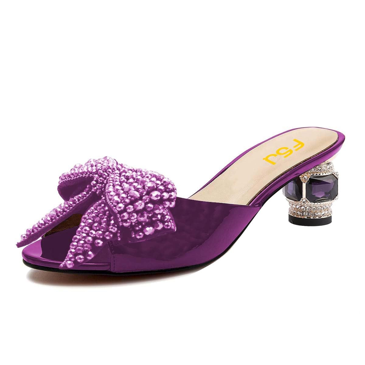 FSJ Women Rhinestone Bow Low Heel Mule Sandals Peep Toe Crystal Block Heel Slipper Shoes for Comfort Wedding Slides Size 4-16 US