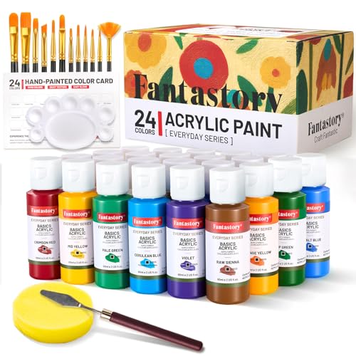 Fantastory Peinture Acrylique, 24 couleurs × 60ml, Coffret Peinture Acrylique, Avec 12pcs Pinceau de Peinture, Imperméable, non Toxique, Pour Artiste Professionnel, Débutant