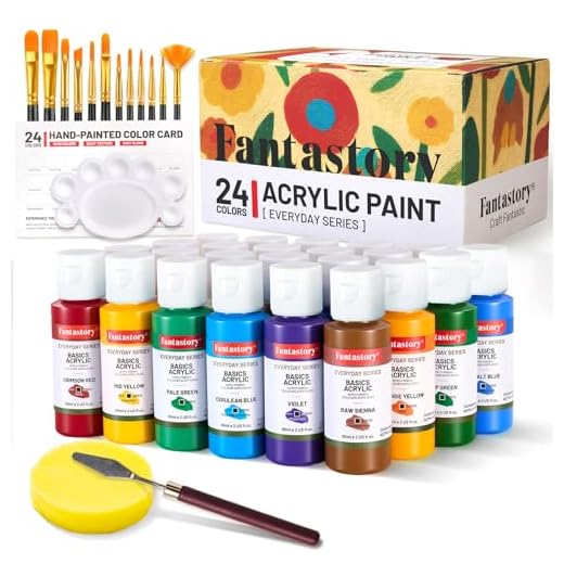 Fantastory Acrylfarben Set, 24 x 60 ml mit 16-teiligem Zubehör, hohe Deckkraft & wasserfest, Acrylic Paint Set für Leinwand, Holz, Steine & Basteln