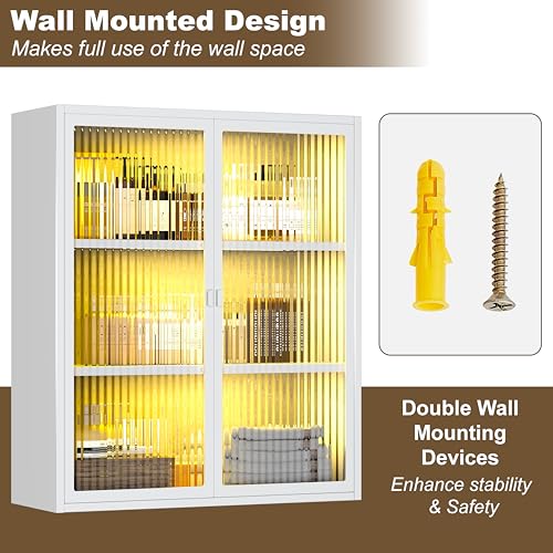 Image of Laundry Room Cabinets Wall Mounted, Metal Bathroom Wall Cabinet with Glass Doors & LED Lights, White Medicine Cabinet for Bathroom, Kitchen, Living Room and Entryway