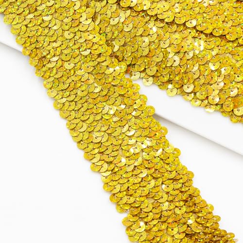 Length 5Yards，Wide 1.9 Inch Shining Gold Elastic Sequin Ribbon Trim for Sewing Dress Dance Costumes Headband (Shining Gold)