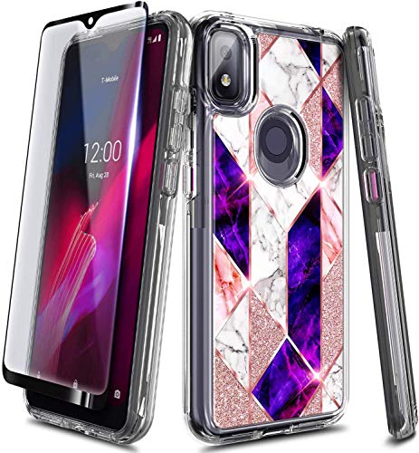 NZND Case for T-Mobile REVVL 4 with Tempered Glass Screen Protector (Full Coverage), Glossy Stylish Finish, Full-Body Protective Hybrid Bumper, Impact Resist Durable Case (Marble Series Rose Gold)