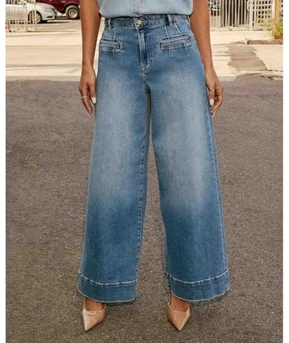 Sexyshine Women's Retro Wide Leg Jeans High Waist Stretchy Loose Straight Leg Long Denim Pant with Front Patch Pockets3