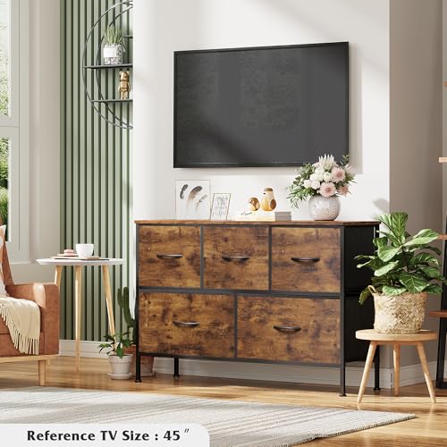 Image of WLIVE Dresser for Bedroom with 5 Drawers, Long Fabric Dresser, Storage Drawer Unit with Fabric Bins for Closet, Hallway, Rustic Brown Wood Grain Print, Size L