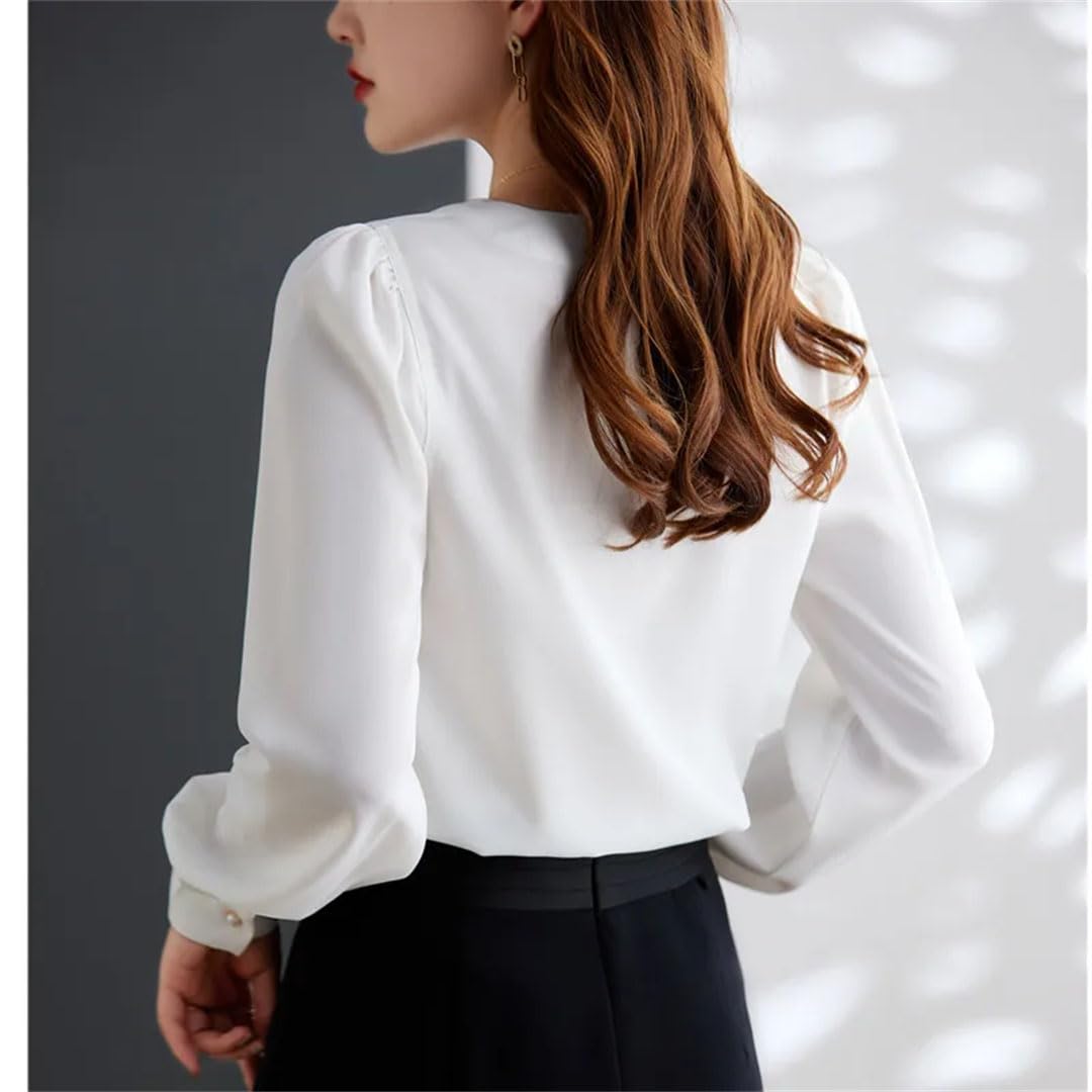 Blusa de satén de manga larga con cuello redondo para mujer, para oficina, trabajo, ropa