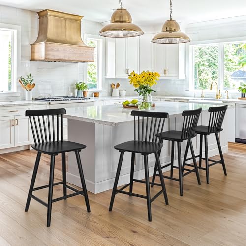 LUE BONA Upgraded Windsor Wooden Black Bar Stools Set of 2, 24 Inch Counter Height Barstools with Spindle Back/Bigger Seat for Kitchen Island