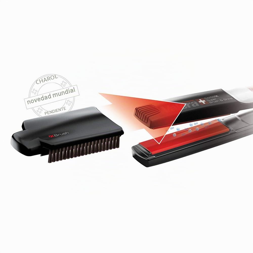Valera Swiss'X Super Brush & Shine, plancha profesional con sistema combinado de alisado y cepillado instantáneo con generador iónico y pantalla digital, Color Negro/Plata