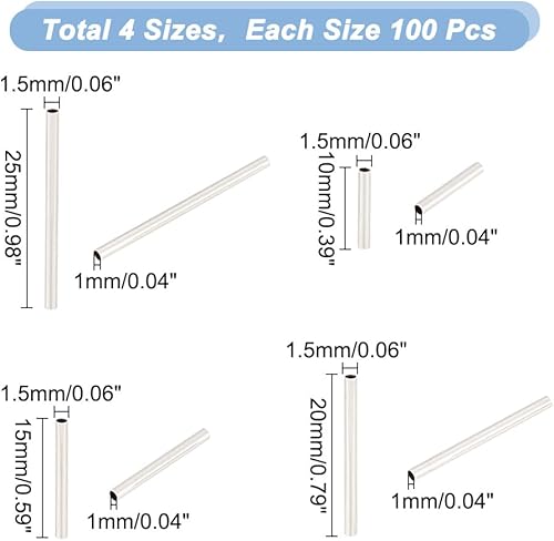 Miniatura 3 de UNICRAFTALE 400 cuentas de tubo recto de acero inoxidable de 4 tamaños, cuentas de acero inoxidable doradas, cuentas sueltas lisas de metal, cuentas
