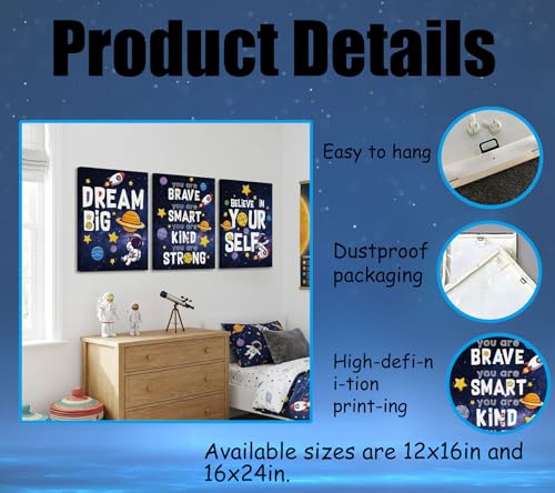 Image of 3Pcs Inspirational Space Astronaut Kids Canvas Wall Art, Inspirational Quotes Painting Picture Wall Decor, Boys Positive Affirmative Poster Print Artwork for Playroom, Classroom, 16x24in