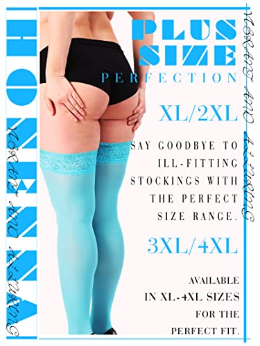 Image of HONENNA Plus Size Thigh High Stockings, Semi Sheer Stay Up Lingerie Lace Top Pantyhose for Curvy Women