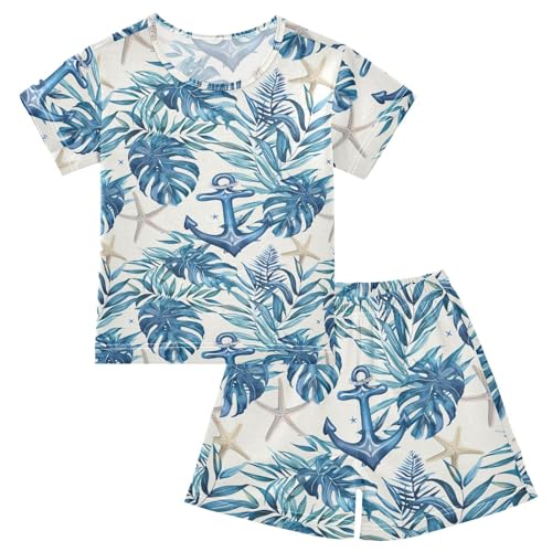ALAZA Anchor Tropical Leaves Starfish Pajama Set Short Sleeve Sleepwear Soft Lounge Nightwear