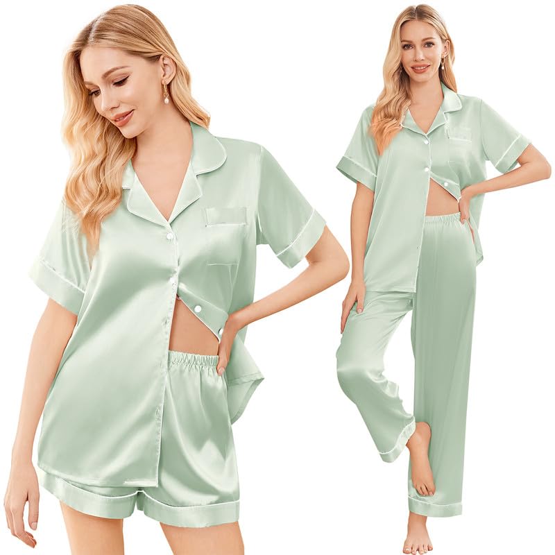 Image of Ekouaer Silk Pajamas for Women Set Satin Soft Short Sleeve Button Down Pjs | 3 Piece Loungewear,Comfy Sleepwear,Silky Smooth Fabric,Gift for wedding,Bridal Party,Coffee Time,Vacation