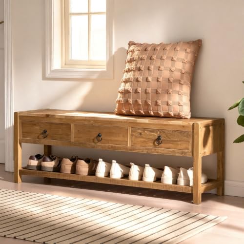 Wnutrees 45.2" Reclaimed Solid Wood Entryway Bench with 3 Drawers & Shelf