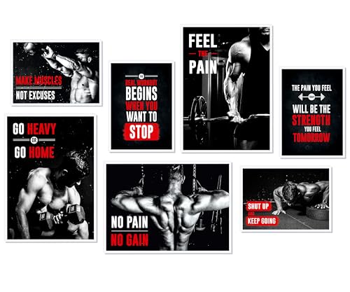 Hyggelig Home Premium Poster Set - 7 Bodybuilding Bilder für Gym Motivation Mindset Home Training- Set Fitness - mit Rahmen weiß