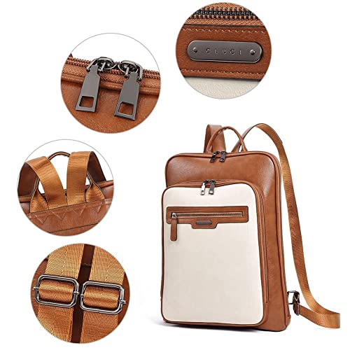 Cluci Leather Laptop Backpack Purse For Women 15.6 Inch Computer Backpack Travel Large Business Work Daypack Off-White With Brown #TOP3