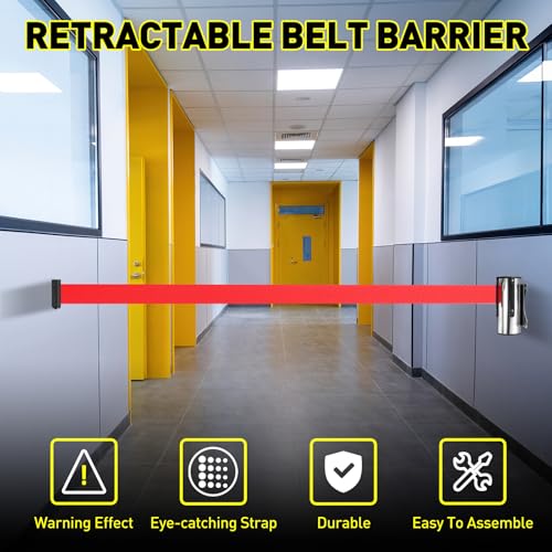 Barrière ceinture rétractable rouge 5m support mur fixe sécurité