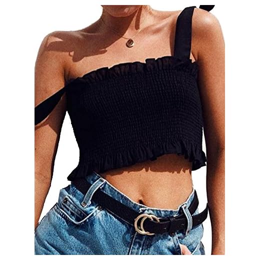 KAMISSY Women's Frill Smocked Cop Tank Top Tie Shoulder Strap Vest,Black,Medium