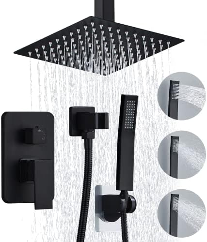 RTOBWEYE Shower Faucet Set Matte Black Shower System with 8 Inches Rain Shower Head,Ceiling Mount with 3-Setting Handheld Shower Combo System,Stainless Steel,Bathroom(Set A)