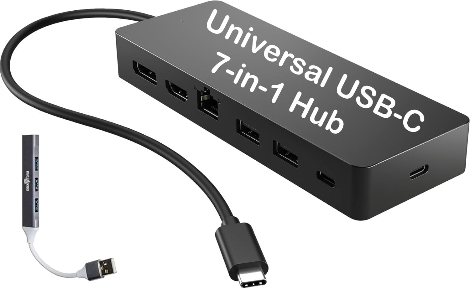 HP Universal USB-C 7-in-1 Multiport Hub Docking Station Bundle w/DKZ Hub, 4 USB Ports, Display Port 1.2, HDMI 2.0, RJ-45, USB-C Powered, No Power Supply, w/Single Cable Connection to Any Brand Laptop