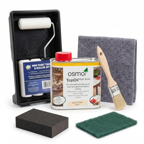 Osmo 3028 TopOil Wood Finish Kit Hard Wax Oil Application Set with Paint Roller Brush Sanding Block Microfibre Cloth & Abrasive Pad for Kitchen Worktops & Wood Surfaces