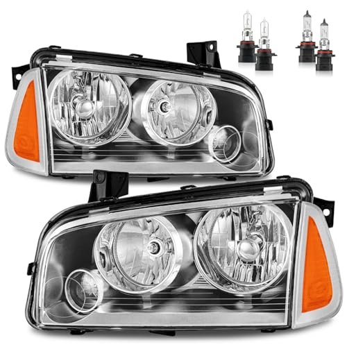 ROADEAL Headlights W/Bulbs for 2006-2010 Dodge Charger with Corner Singal Lights Halogen Headlamp Replacement Driver & Passenger Side
