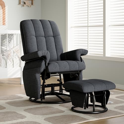 AODAILIHB Swivel Glider Recliner with Ottoman, 360 Rocking Chair with Foot Rest Recliner Chair Indoor Rocking Chair with Side Pockets Nursery Chairs for Living Room, Bedroom, Office (Grey)
