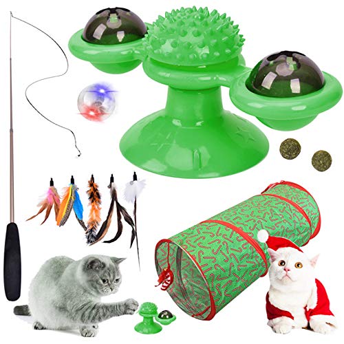 Windmill Cat Toy Kitten Toys Set Turntable Teasing Pet Toy with Suction Cups Include Catnip, Bell and LED Glowing Ball, Retractable Cat Feather Wand and Christmas Series Cat Tunnel for Indoor (Green)