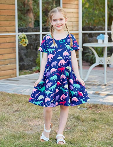 Toddler Girls Short Sleeve Dress Navy Blue Dinosaur Print Dress Animal World Pattern Summer Dress Casual Swing Holiday Birthday Theme Party Sundress Toddler Kids Twirly Skirt 6-7 Years #TOP2