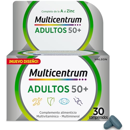 Multicentrum Adultos 50+, Complemento Alimenticio Multicolor Vitaminas con 13 Vitaminas y 11 Minerales, Sin Gluten, 30 Comprimidos