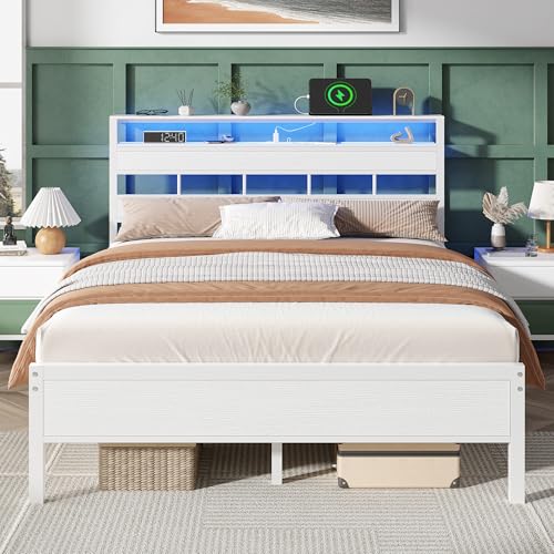 Image of Furnulem Queen Bed Frame with Storage Headboard and LED Lights, Metal Bedframe with Charging Station and USB Port, Queen Size Platform Bed with Heavy Duty Slats, No Box Spring Needed, White