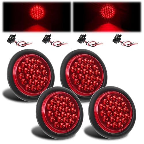 4Inch Round LED Trailer Lights - 4 PCS 24 High-Output LED Red Tail Lights Waterproof Sealed Flush Mount with Grommets & 3-Prong Pigtails - Stop/Turn/Brake Lights for Trucks RV Boat UTE UTV 12V