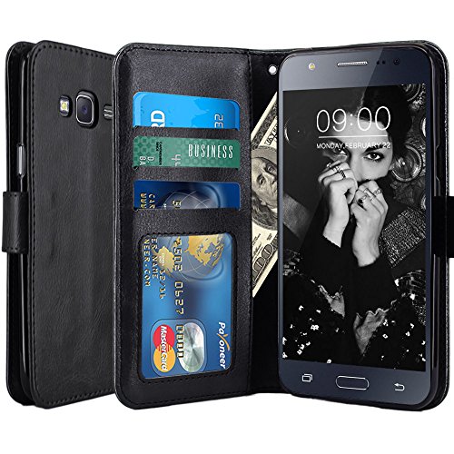 J7 Case, LK [Kickstand Feature] Luxury PU Leather Wallet Case Flip Cover Built-in Card Slots & Stand for Samsung Galaxy J7, BLACK