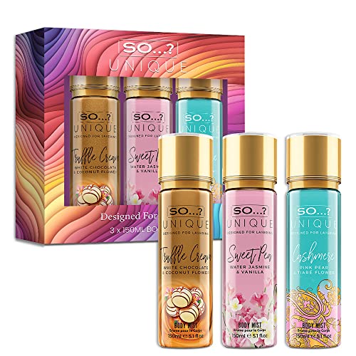 So…? Unique Womens Love Storm Bundle Truffle Cream, Sweet Pea, Cashmere Body Mist Spray Mixed Fragrance Bundle 150ml (Pack of 3)