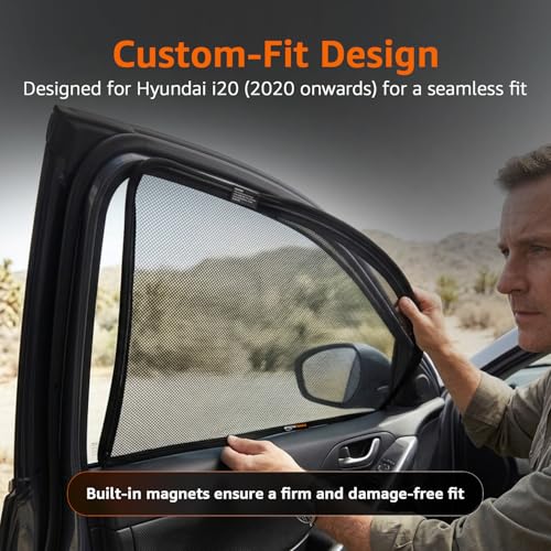 Image of Amazon Basics Side Window Sun Shade for Hyundai I20 (2020 Onwards) - Front Half Cut + Rear Zipper | Custom-Fit Magnetic Car Curtains | Black | Pack of 4 Pcs | Cotton Mesh