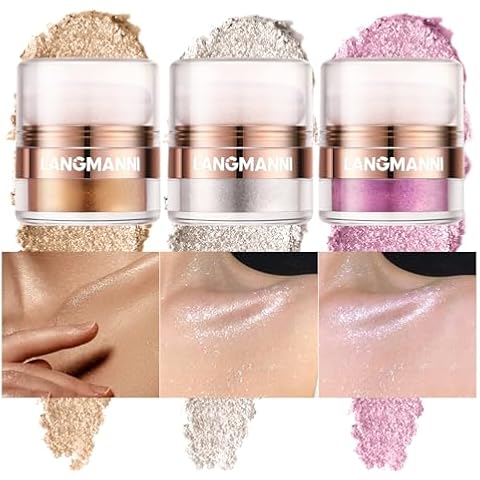 Jolilab 3 Colors Body Highlighter Powder Body Glitter Shimmer Contour Powder Smooth Sparkling Highlighter Powder for Face Eyes Body Glow.(1, 01#+02#+03#, 1) Cover