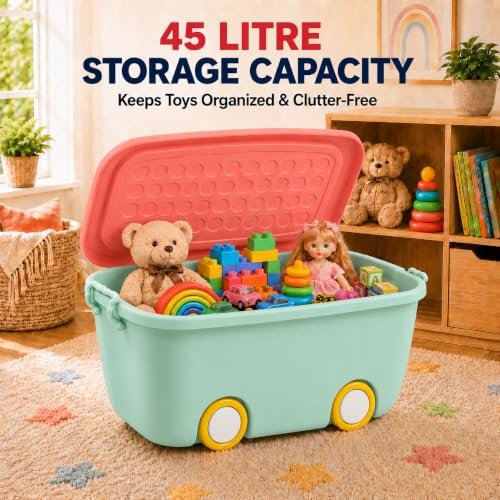 Image of STAR WORK Multipurpose Durable Storage Box Colorful Car-shaped Children's Toy Storage Container with Wheels and Handle (Pack Of 2, 45 Liter) color may very