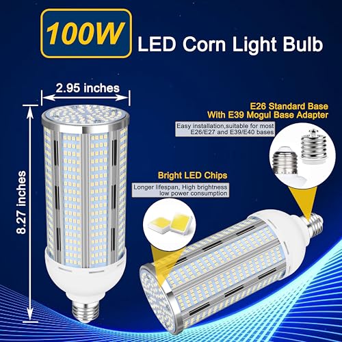 Image of 100W LED Corn Bulb, 12500LM Super Bright 5000K Daylight White, E26 /E39 Large Mogul Base, 400W Metal Halide MH HID HPS Replacement, LED Corn Lamp for Garage Warehouse Workshop Barn Factory