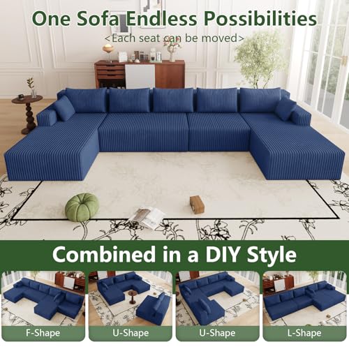 Image of 160 inch Modular Sectional Sleeper Sofa, Boneless Cloud Couch for Living Room, U Shaped 3 Seat Sofa with Deep Seat, Free Combination, Couch in a Box, No Assembly Required (Blue)