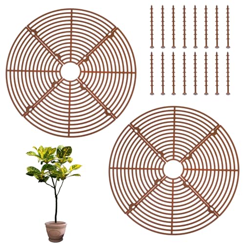 Nogeqi 2PCS Plant Pot Cover with Center Cutout, Cuttable Plant Cover with Stakes from Animals, Indoor Plants Protector from Cats, Cat Digging Stopper Pot Grid for Gardening (Brown, 11.8 Inch)