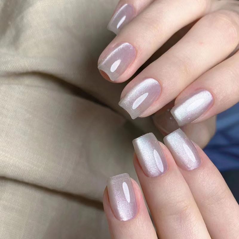 Press On Nails - Short Square Nude Glitter False Nails with Glossy Shiny Designs, Bling Acrylic, White Gel, Reusable Artificial Stick On Nails for