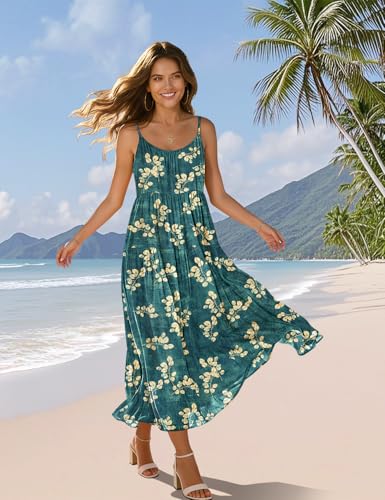 Image of YESNO Summer Bohemian Floral Dresses for Women Spaghetti Straps Maxi Dress Casual Flowy Dresses with Pockets ES0