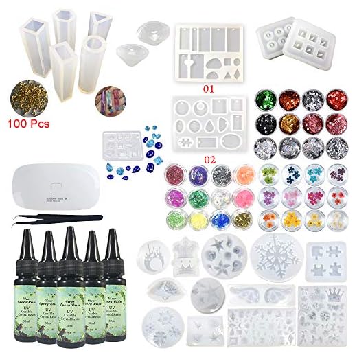 Kristallklar UV epoxiharts 5 st med 24 formar sats för att göra smycken, gåvor för hand, gör-det-själv-hantverk, 3 dekorationsset, torkade blommor, holografiska glitterpaljetter + mini bärbar lampa och pincett
