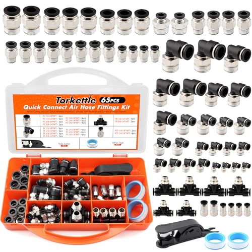 64PCS Air Hose Fitting Kit 1/8-1/2in NPT Brass PBT Push to Connect by Torkettle - Used condition - CA$66.58