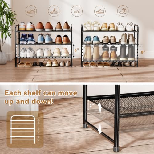 Image of Shoe Rack, 3 Tier 27 inch Wide Metal Mesh Shoe Organizer for Closet Holds up to 9-12 Pairs, Stackable, Black