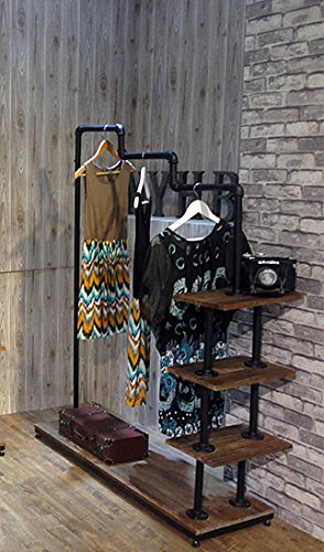 WGX Design For You Industrial Pipe Clothing Rack Wood Garment Rack Pipeline Vintage Rolling Rack with Wheels 4-LVL H63''xL47''