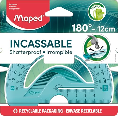 Maped Rapporteur Incassable Plastique Ergonomique et Résistant, repérage optimisé - Rapporteur 180°/ 12 cm - Coloris Aléatoire Vert ou Bleu
