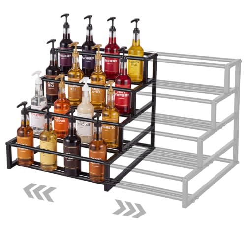 Flutesan Expandable 4-Tier Coffee Syrup Organizer 12.2-20.5 Inch Heavy Duty Coffee Syrup Rack for 12-24 Bottles Width Adjustable Liquor Bottle Display Shelf Bottles Holder Stand for Bar Accessories