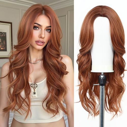 Esmee Long Wavy Copper Brown Wigs for Women Natural Synthetic Hair Wig for Daily & Party Use