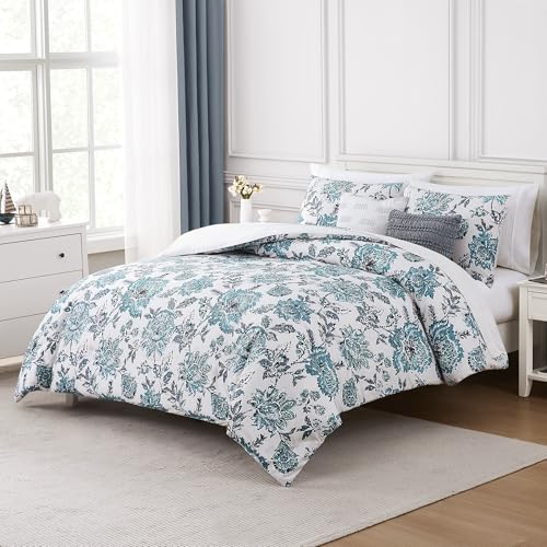 Image of Modern Threads 5-Piece Printed Comforter Set, Athenas Queen in White and Teal - Soft Comforter, 2 Pillow Shams, and 2 Decorative Pillows