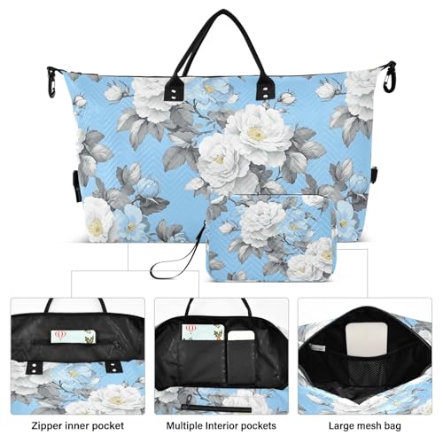 Rose Travel Gym Bag, Rose White Spring Pattern Weekender Overnight Duffle for Women with Toiletry Bag Travel Swim2